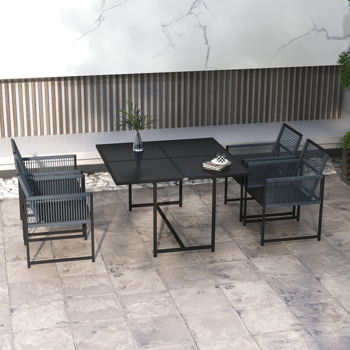 5 Pieces Patio Dining Set with Foldable Back for Poolside, Dark Grey