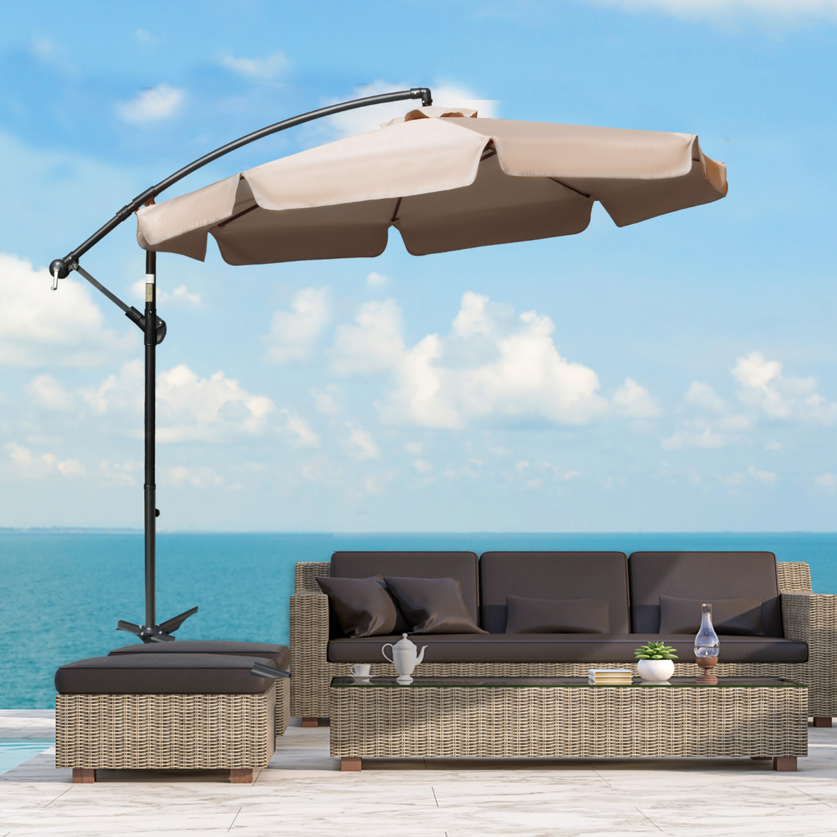 2.7m Garden Cantilever Banana Parasol Sun Shade w/ Crank, Light Brown