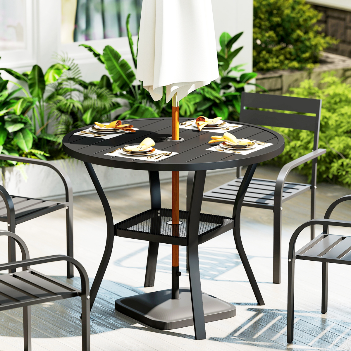 90 cm Garden Dining Table, Round Garden Table with Parasol Hole