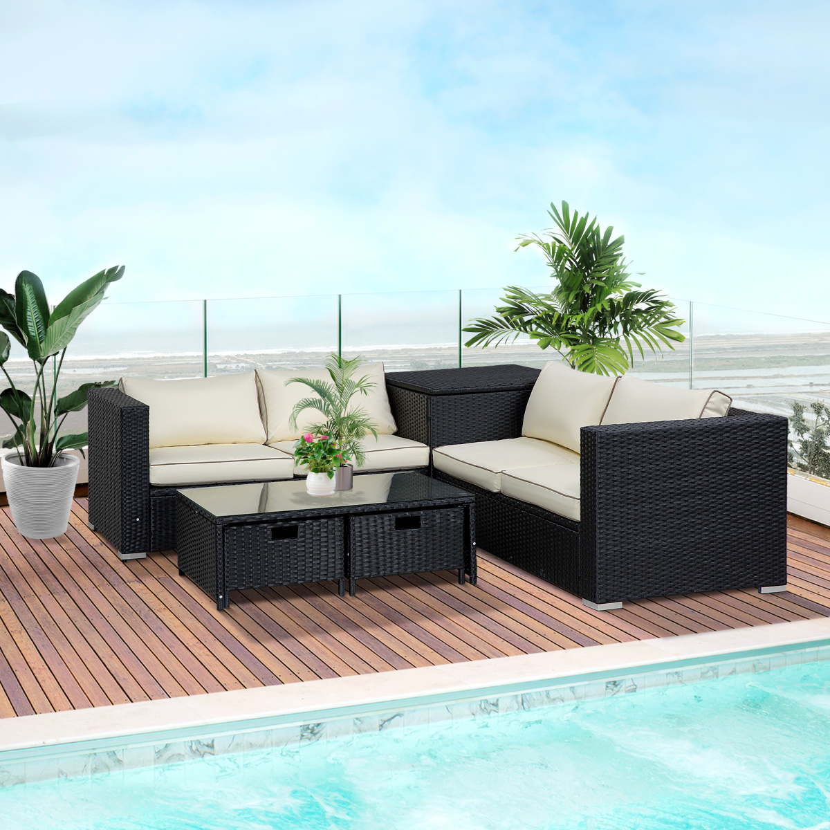 4-Seater Rattan Wicker Garden Patio Sofa Storage & Table Set Black