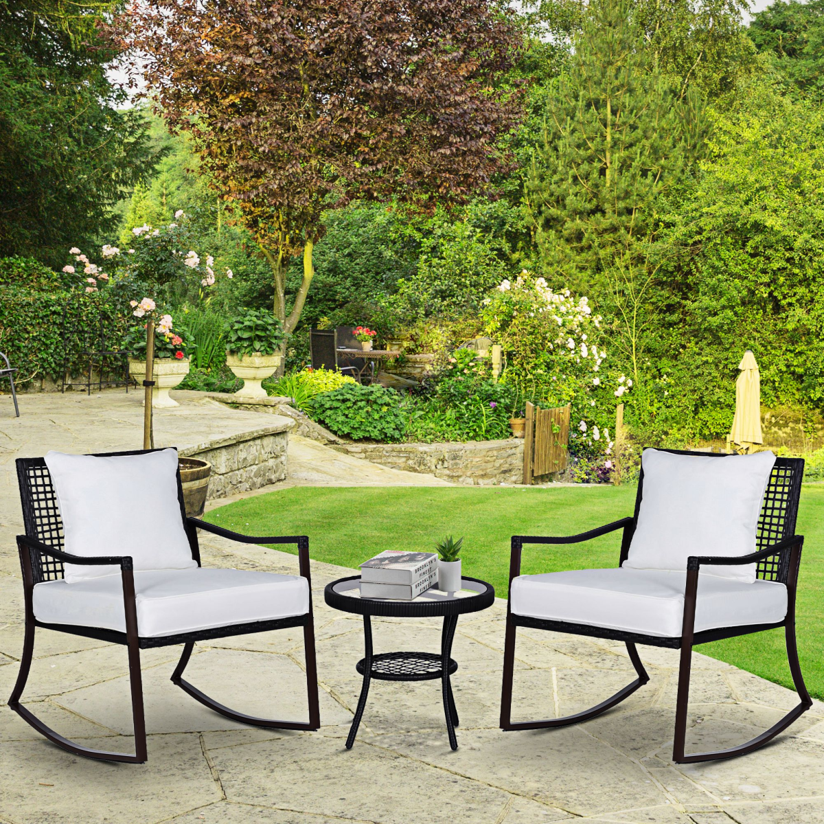 3 PCS Rocking Chair Bistro Set-Brown/Cream White