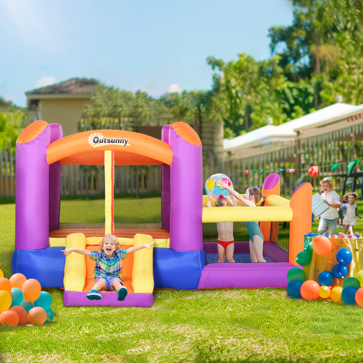 Bouncy Castle with Slide Pool House Inflatable w/ Blower Multi-color