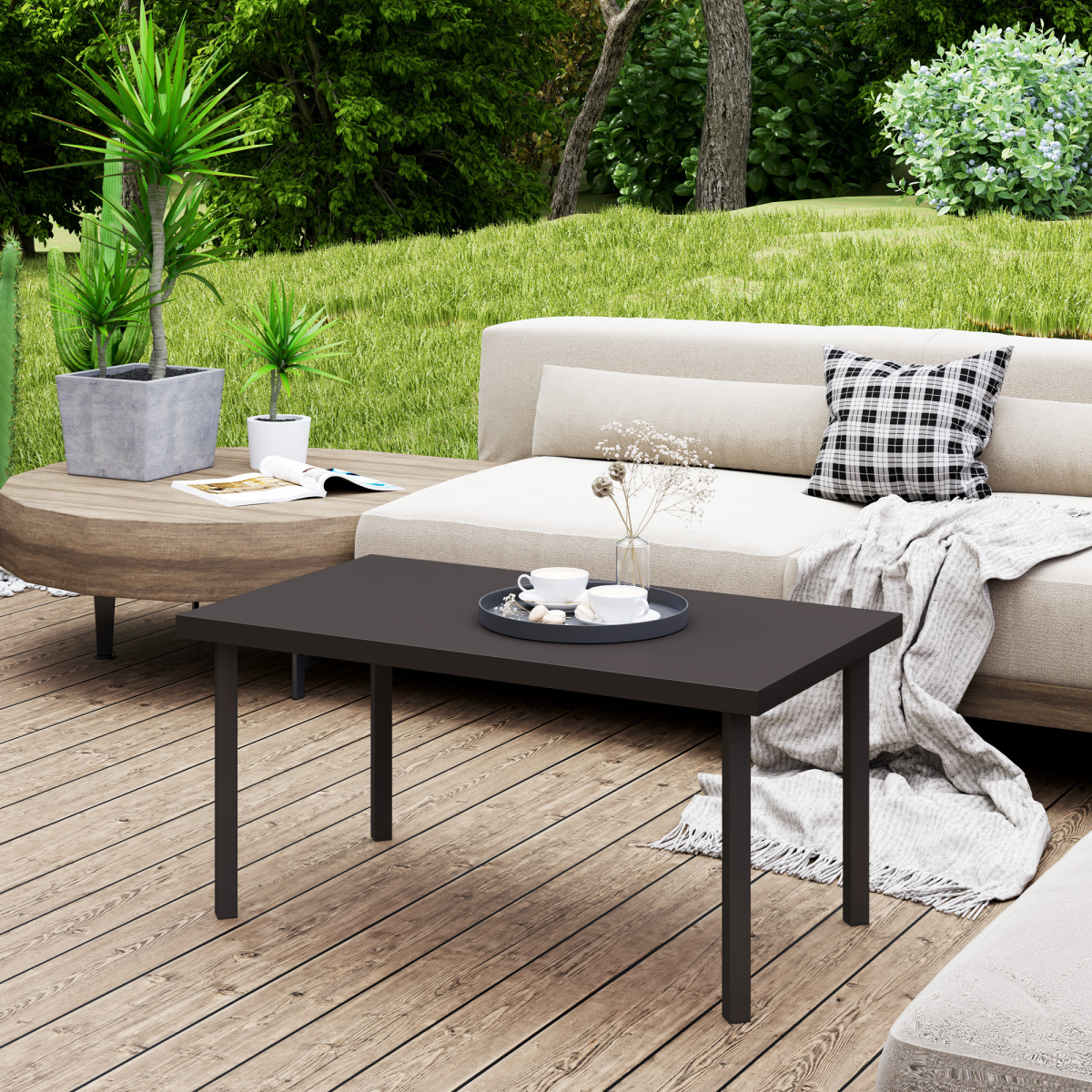 Metal Garden Coffee Table with Woodgrain Tabletop, Brown