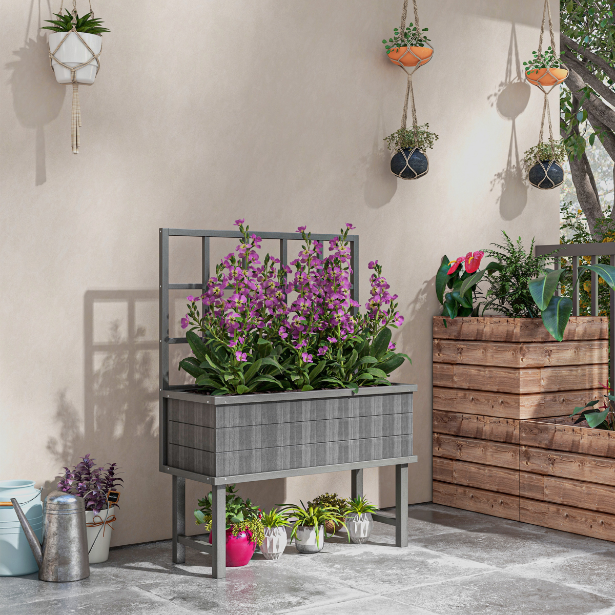 Wood Raised Planter w/ Trellis Drain Holes Elevated Garden Bed Grey