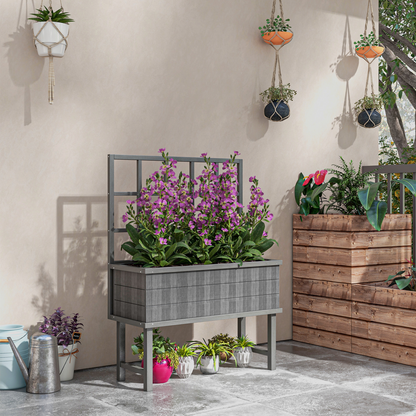 Wood Raised Planter w/ Trellis Drain Holes Elevated Garden Bed Grey