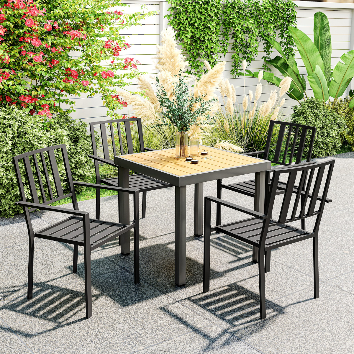 4 PCs Stackable Outdoor Garden Chairs with Metal Slatted Design, Black