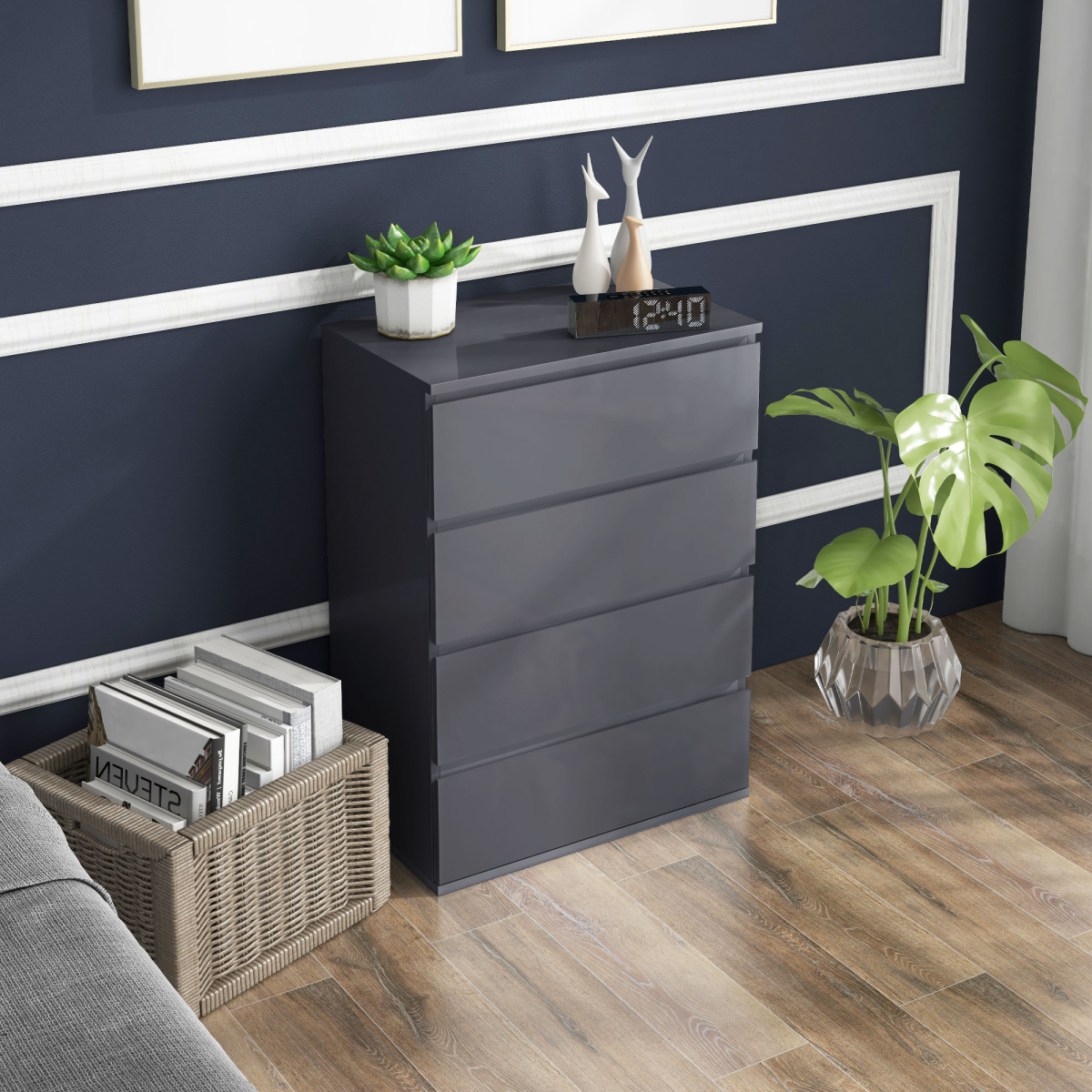 Bedroom Chest of Drawers, High Gloss 4 Drawers Dresser, Drawer Unit