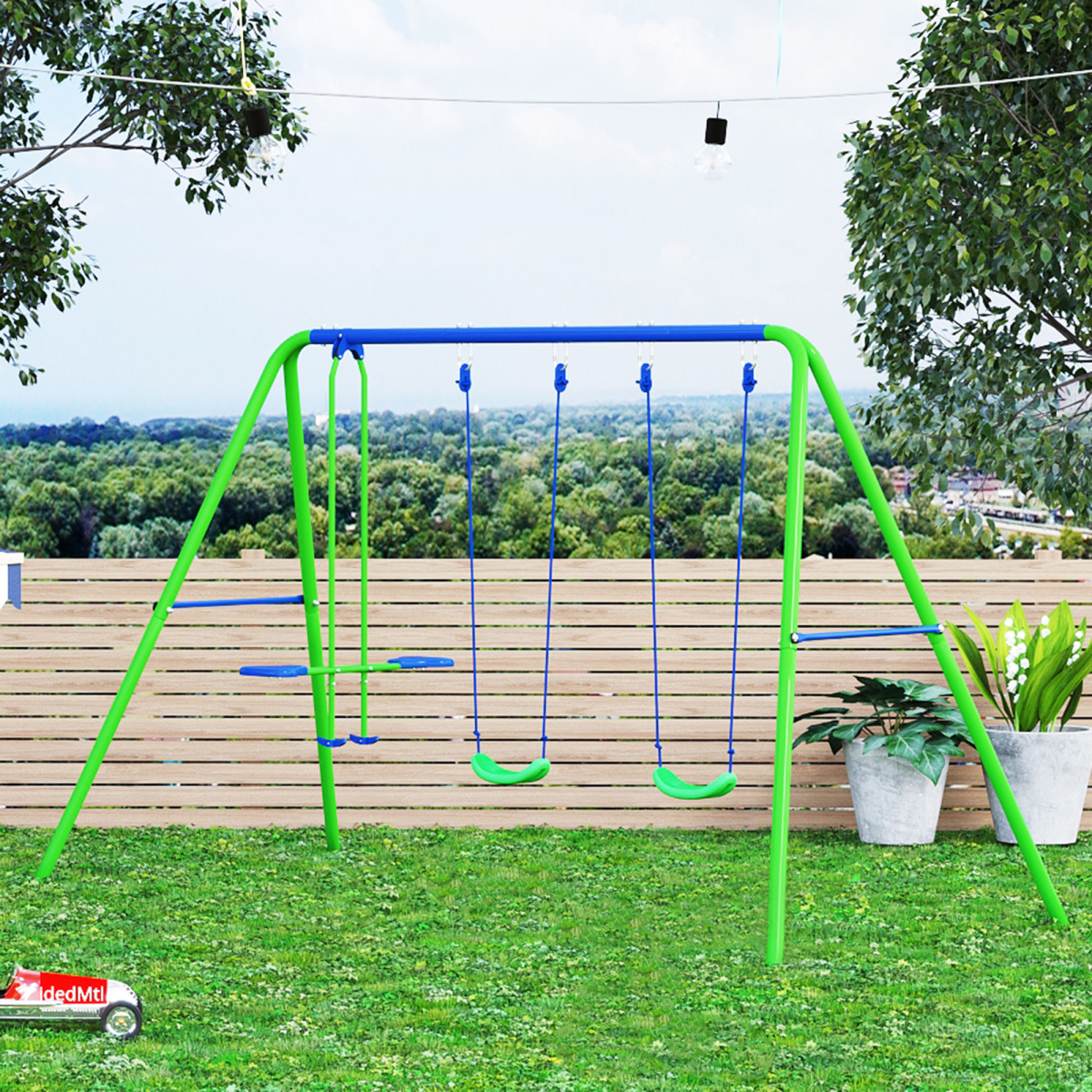 Metal 2 Swings & Seesaw Set Height Adjustable Outdoor Play Set, Green