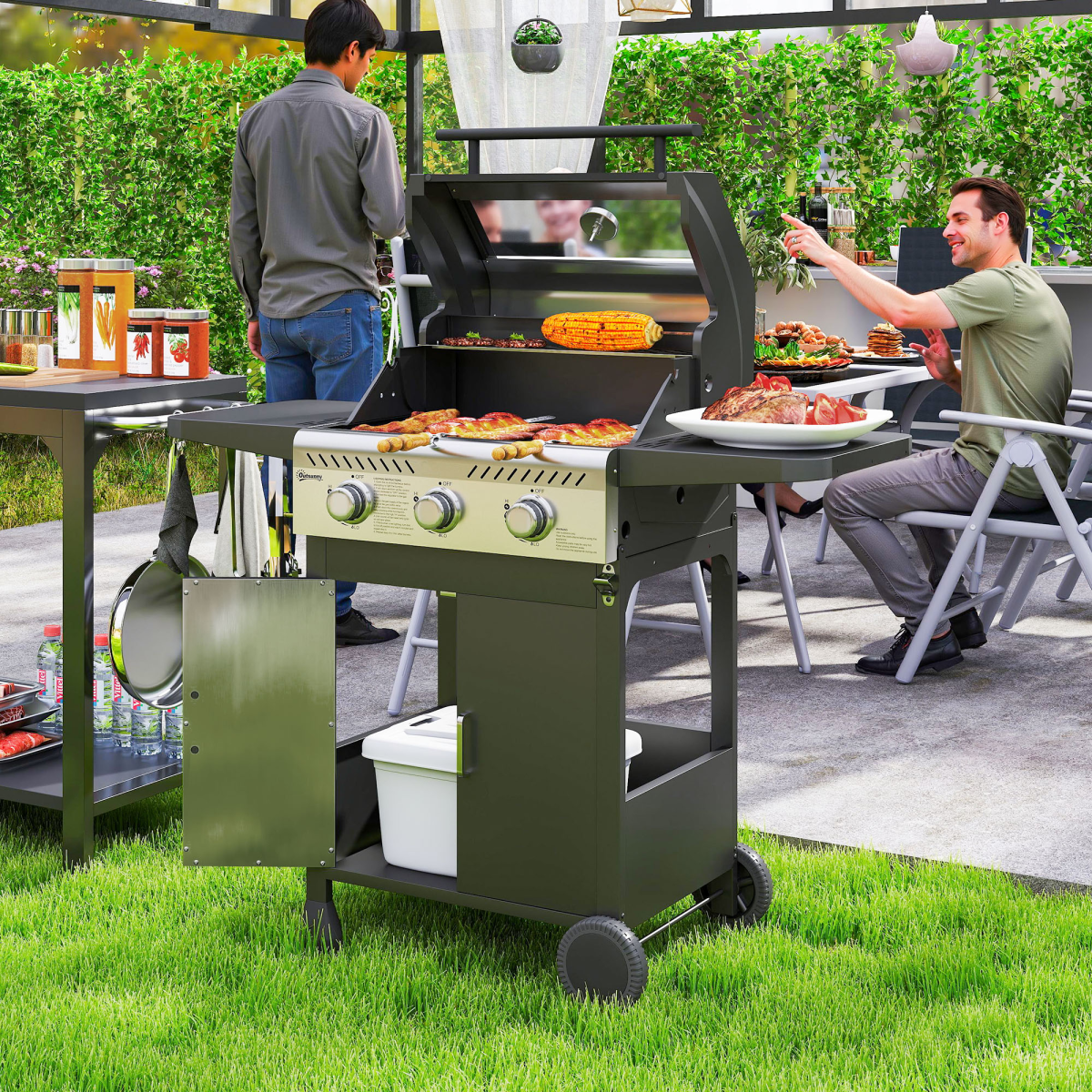 Propane Gas BBQ Grill with See-through Lid and Thermometer 3 Burner