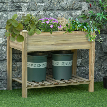 Raised Garden Bed with Legs and Storage Shelf, Elevated Wooden Planter Box,