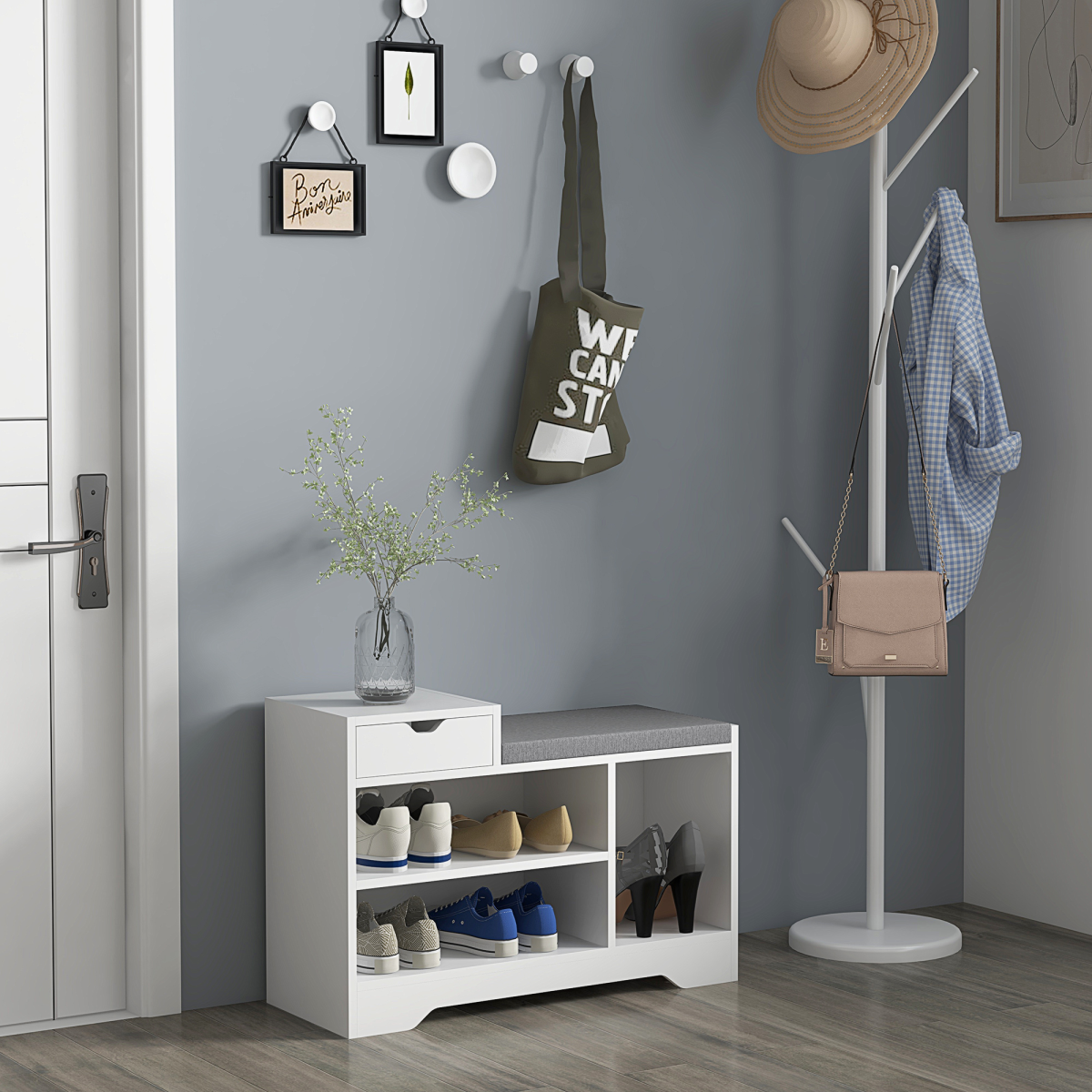 Upholstered Entryway Shoe Bench with Storage Drawer Open Shelf White
