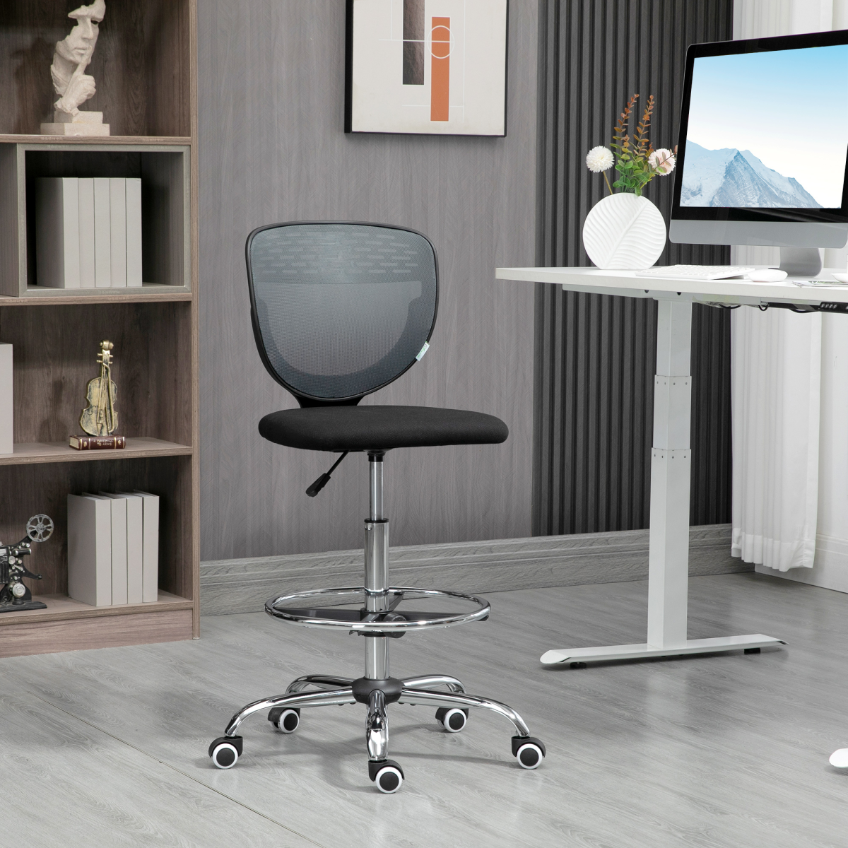 Draughtsman Chair, Tall Office Chair with Lumbar Support, Grey