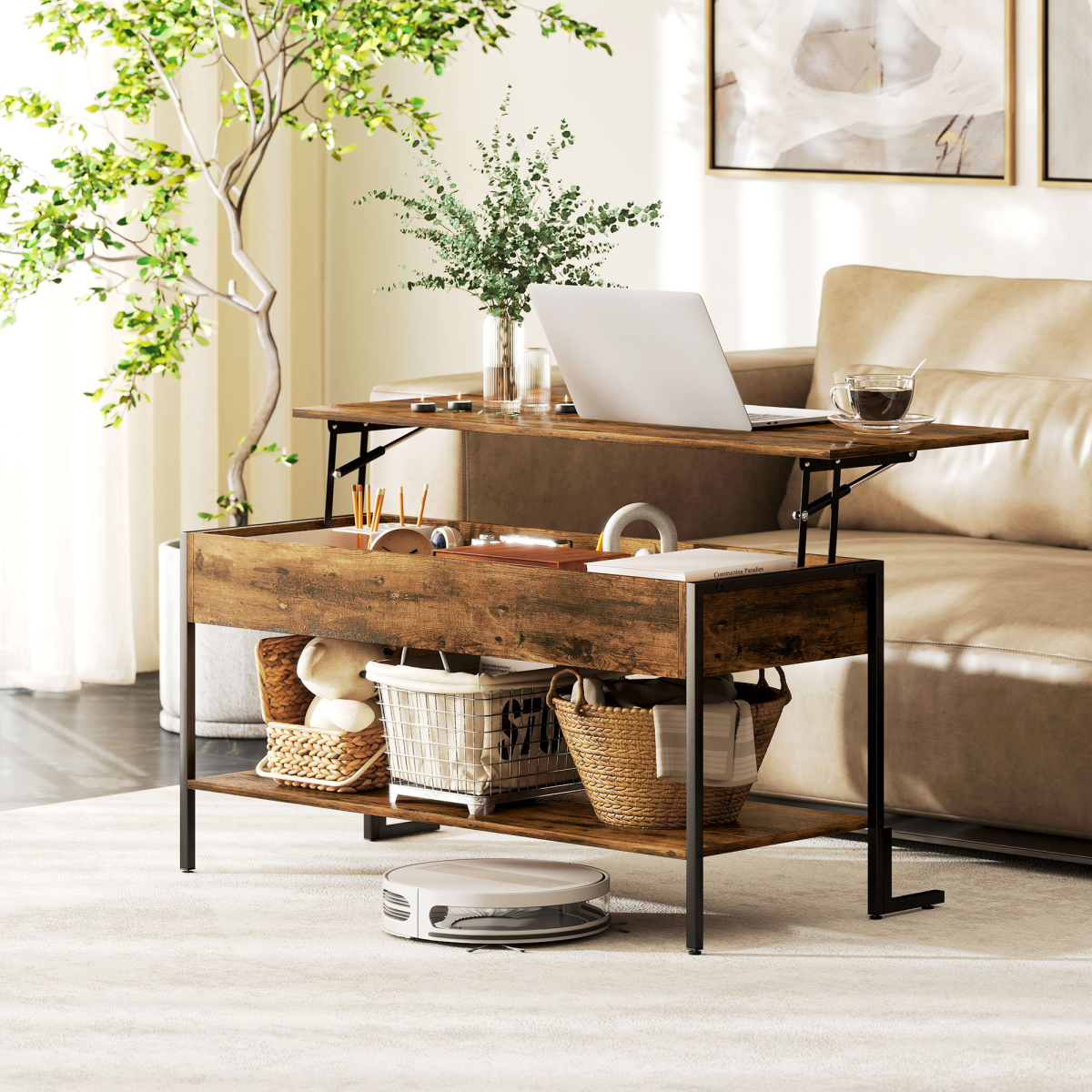 Industrial Lift Top Coffee Table with Storage Shelf Rustic Brown