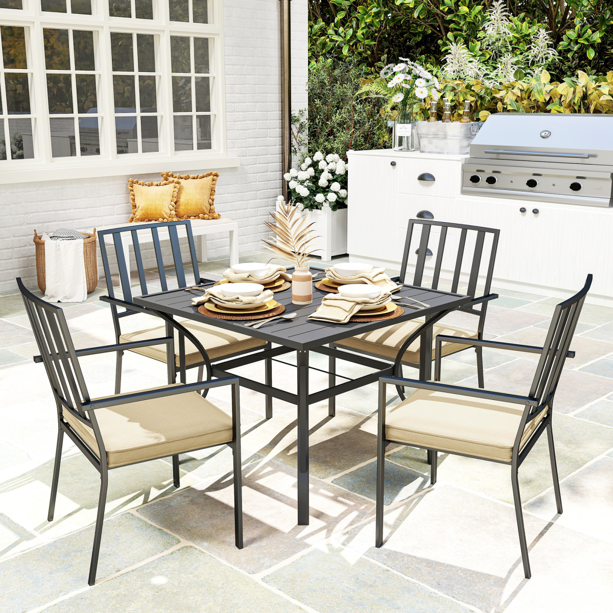 Garden Dining Set w/ 4 Stackable Cushioned Chairs and Metal Top Table