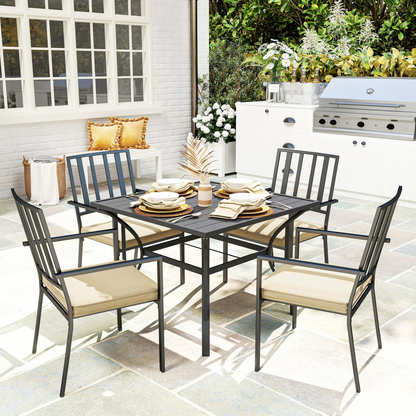 Garden Dining Set w/ 4 Stackable Cushioned Chairs and Metal Top Table