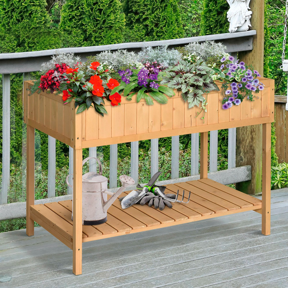 Fir Wood Raised Rectangular 8 Compartment Plant Stand Oak Tone