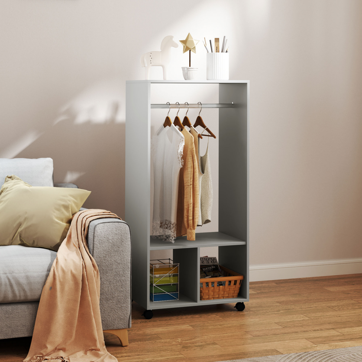 Open Wardrobe Clothes Rail Bedroom Clothes Storage Rod Shelves Grey