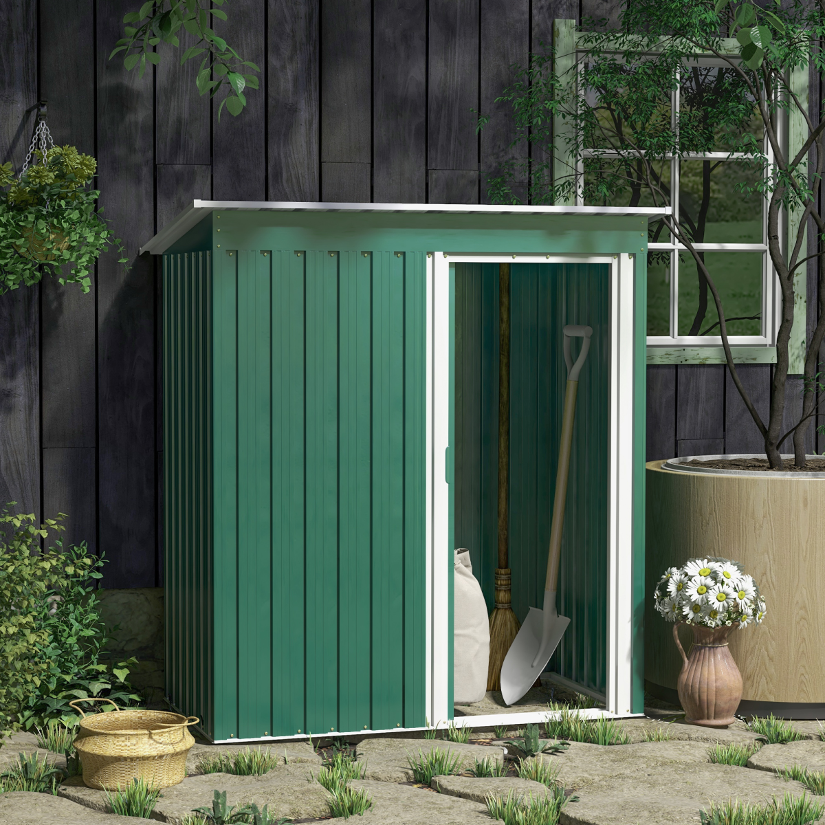 Garden Storage Shed Sliding Door Sloped Roof Tool Green 5 x 3ft