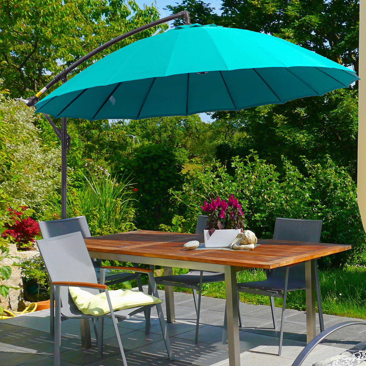 3(m) Cantilever Shanghai Parasol Crank Handle, Cross Base, Turquoise Outsunny