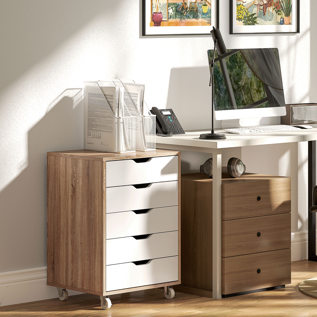 Mobile Filing Cabinet, 5-drawer File Cabinet with Wheels, Oak