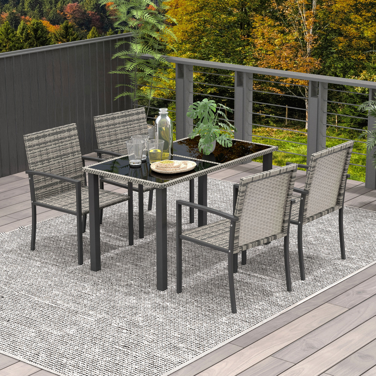 4 Seater Rattan Garden Furniture Set with Glass Tabletop - Mixed Grey