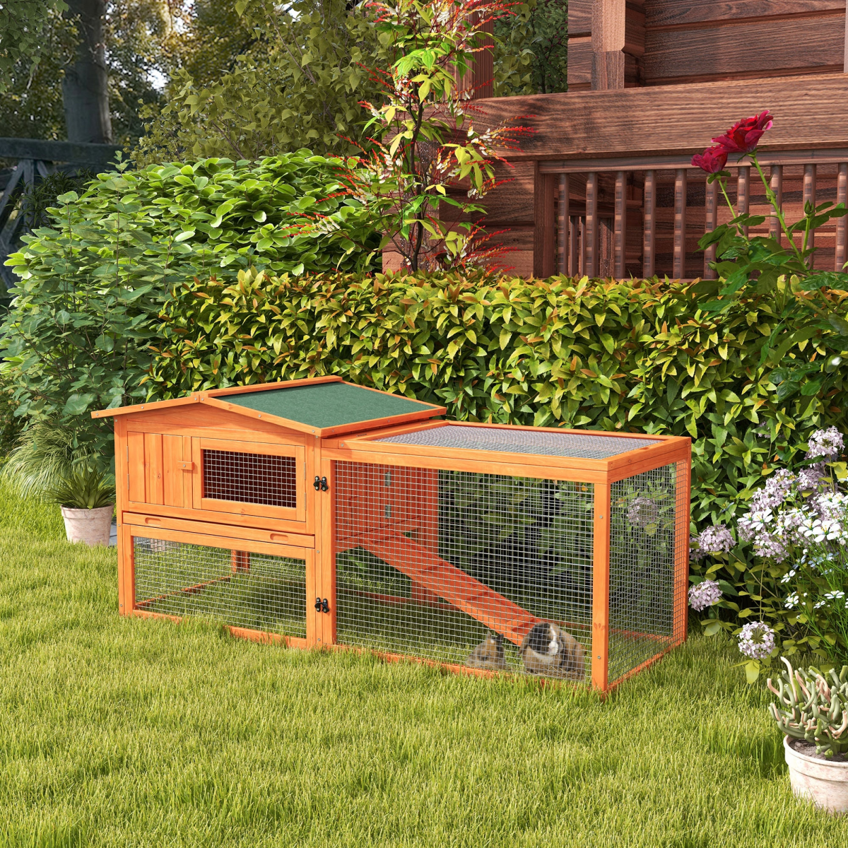 Rabbit Hutch and Run Outdoor Sliding Tray Hay Rack Ramp, 156x58x68 cm