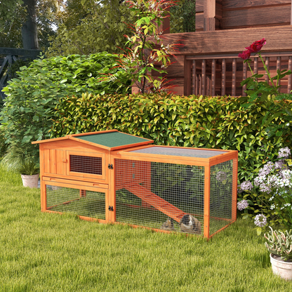 Rabbit Hutch and Run Outdoor Sliding Tray Hay Rack Ramp, 156x58x68 cm