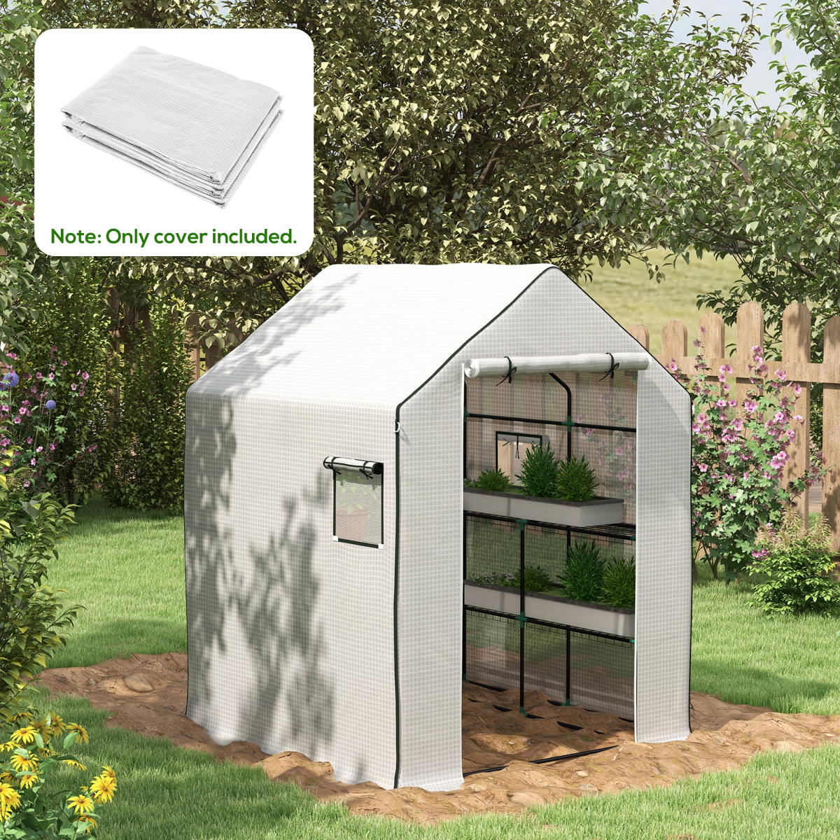 Walk-in Greenhouse Cover Replacement with Door and Mesh Windows, White