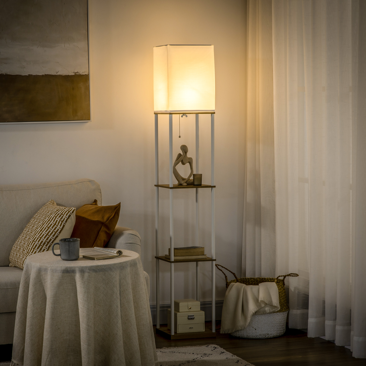 Modern Floor Lamp with Shelves and Fabric Lampshade for Living Room