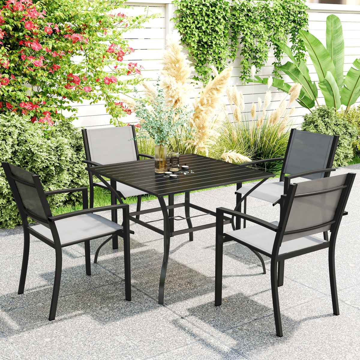 Garden Table with Parasol Hole for Four, Slatted Metal Plate Top