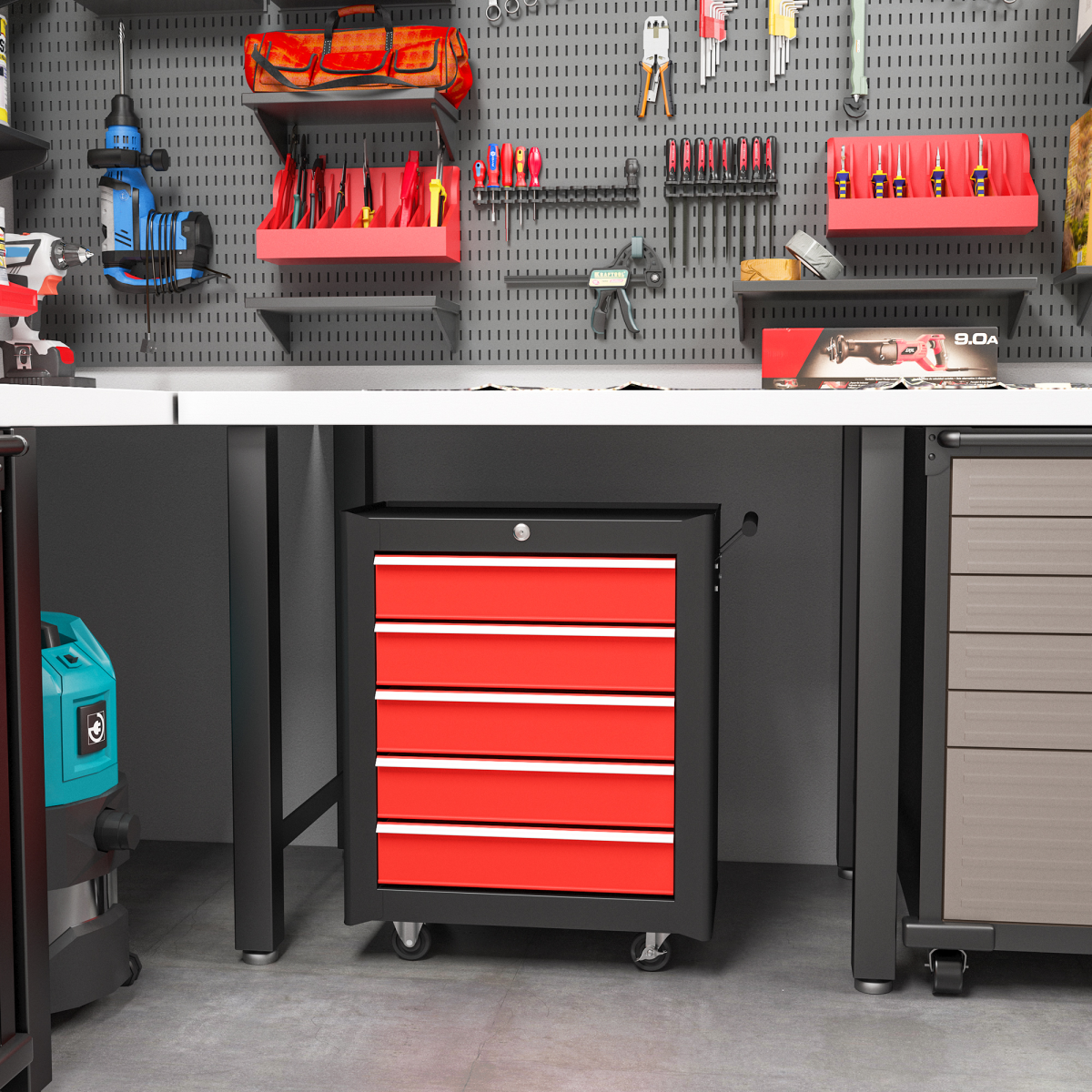 5-Drawer Tool Chest Steel Lockable Tool Storage Cabinet w/ Wheels Red