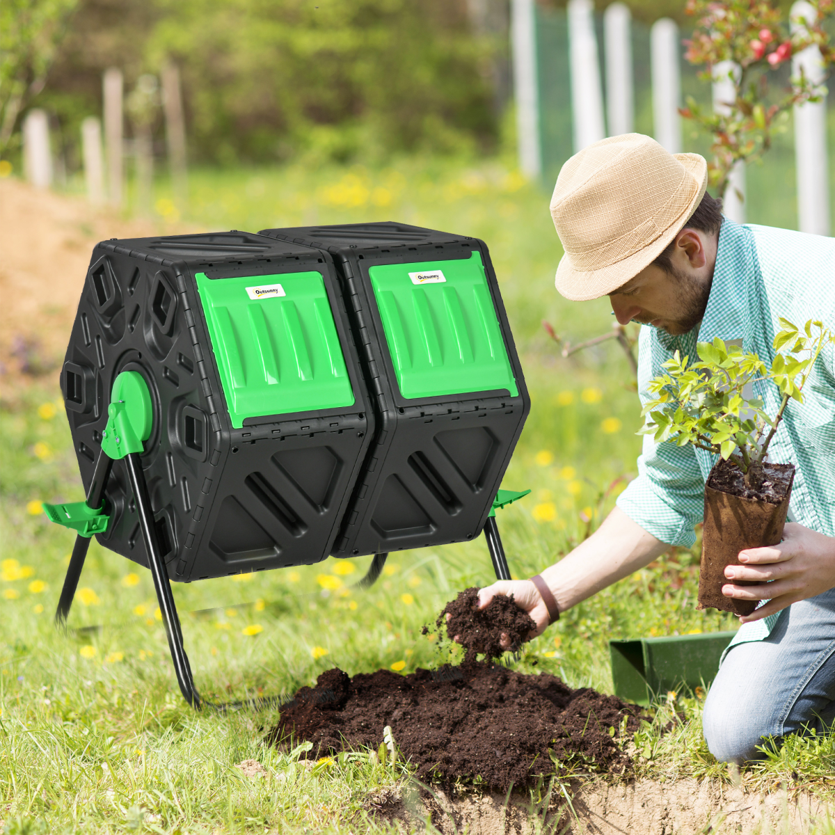 130L Compost Bin Dual Chamber Rotating Composter w/ Ventilation Holes