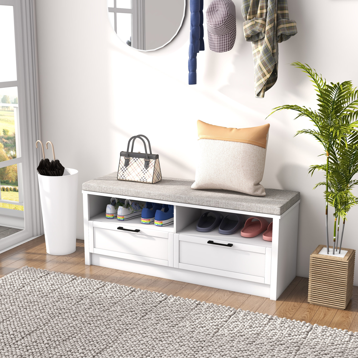 Shoe Bench with Removable Cushion, Open Compartments and Drawers