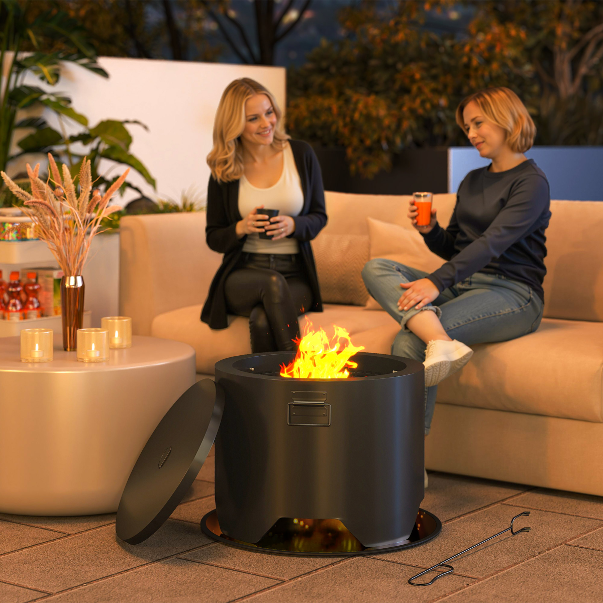 Outdoor Round Fire Pit with Lid, Firepit with Fire Poker, Black
