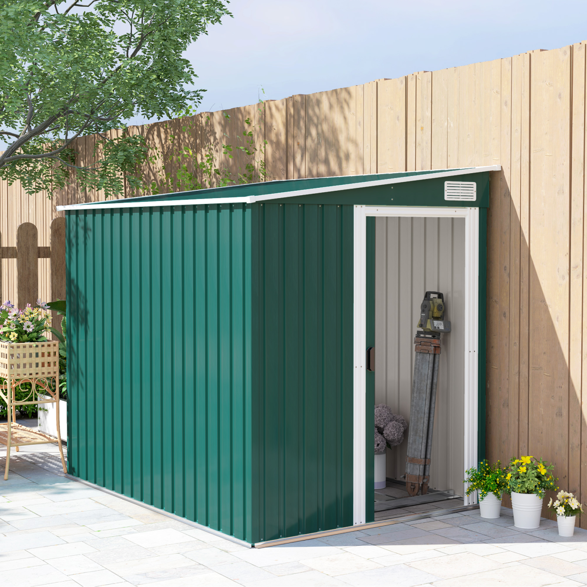 Garden Shed w/ Foundation Lean to Metal Tool Shed Green 7 x 5FT