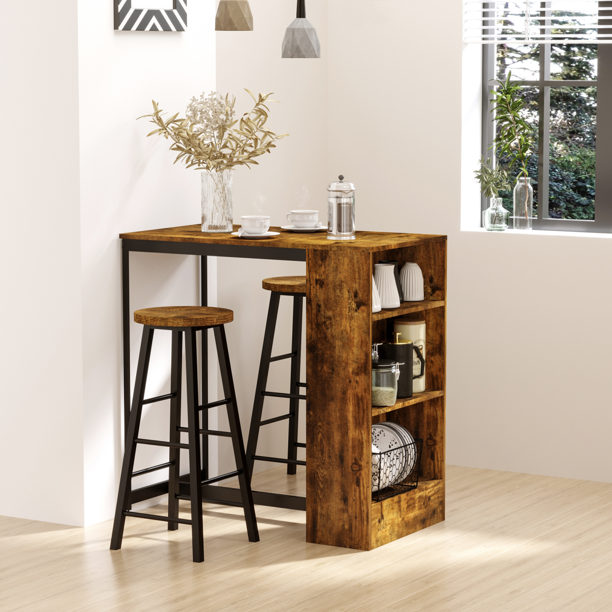3 Pieces Bar Table Set Height Table 2 Stools w/ Storage Shelf, Footrest