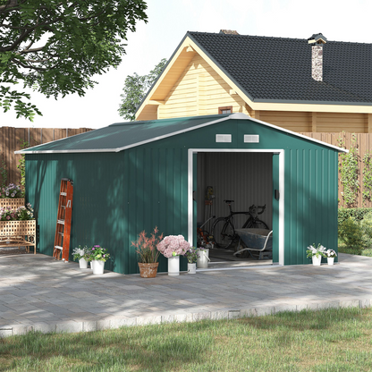 13ft x 11ft Outdoor Roofed Metal Storage Shed Foundation Vent & Doors Green