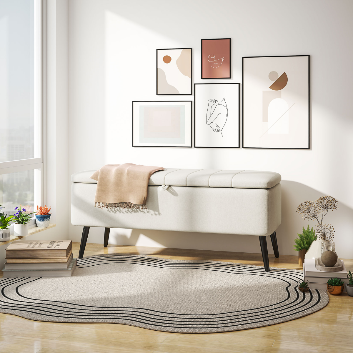 Storage Ottoman Bench, Linen Fabric Footstool with Steel Legs Cream White