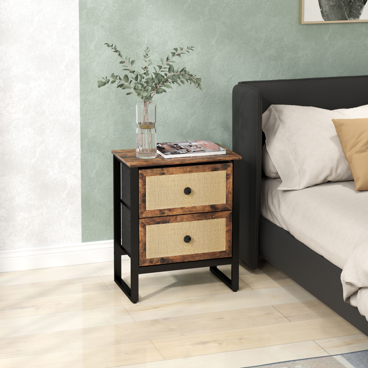 Bedside Table with 2 Rattan Drawers and Steel Legs, Rustic Brown