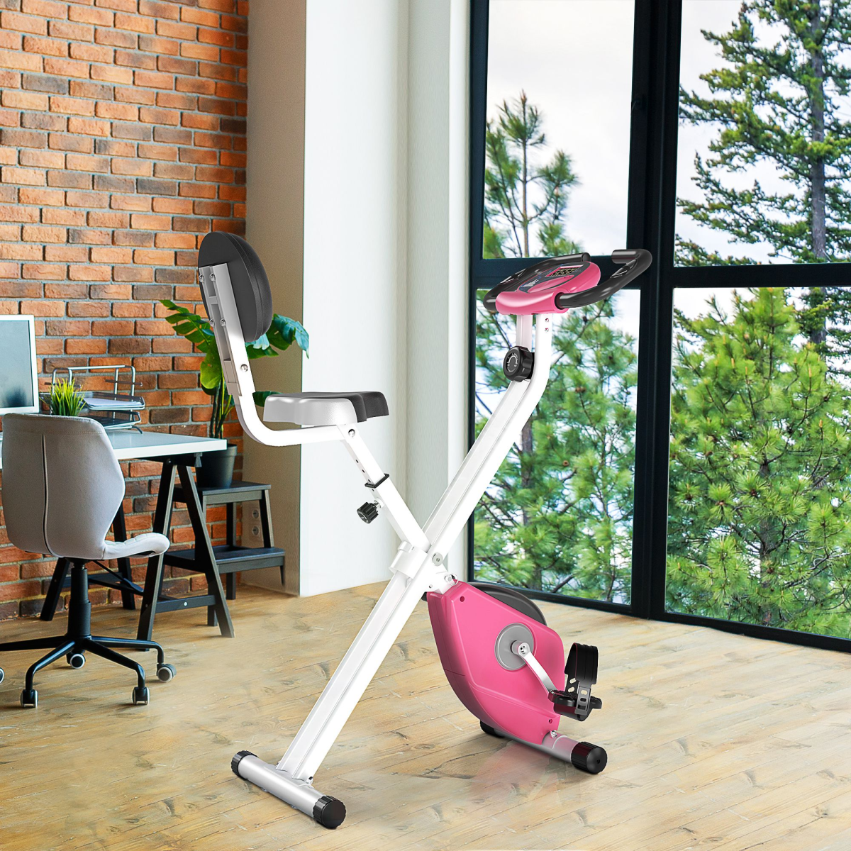 Magnetic Resistance Exercise Bike Foldable LCD Adjustable Seat Pink