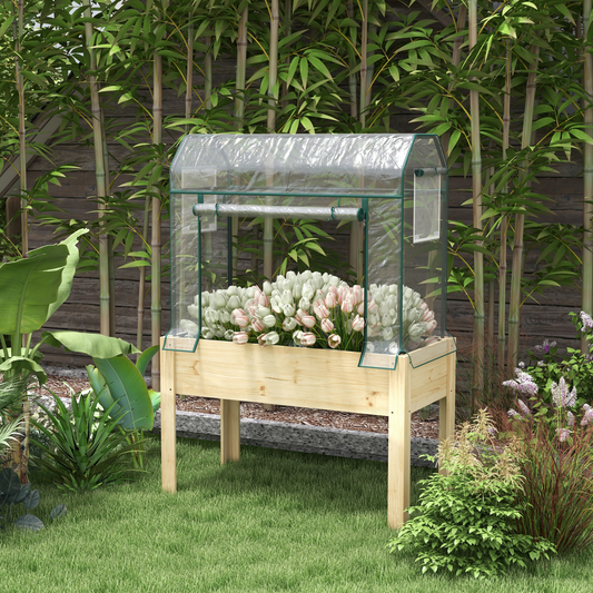 Wooden Raised Planter, Garden Bed with Greenhouse Cover and Bed Liner