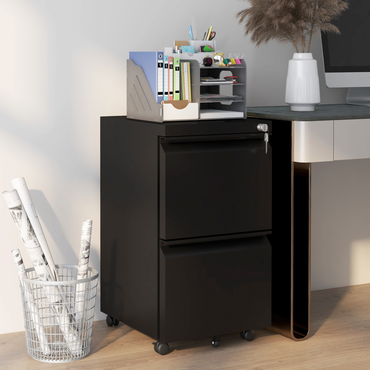 Steel File Cabinet with Lock Hanging Bar for Letter A4 Legal Size Black