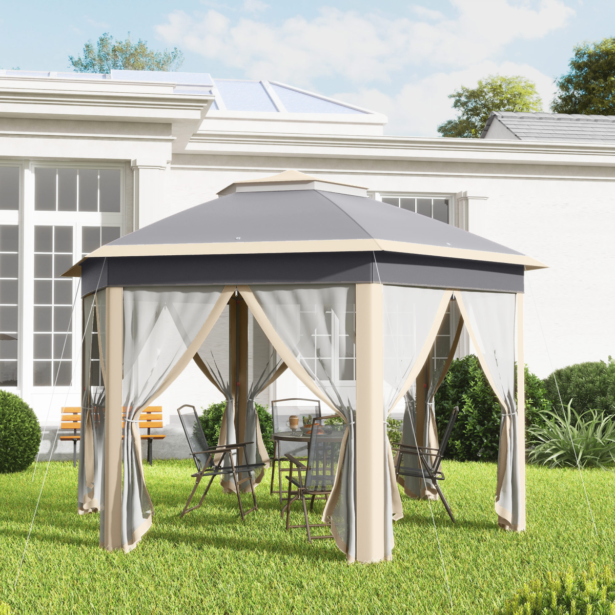 3x4m Hexagon Gazebo w/ Metal Frame Mesh Curtains Outdoor Garden, Khaki