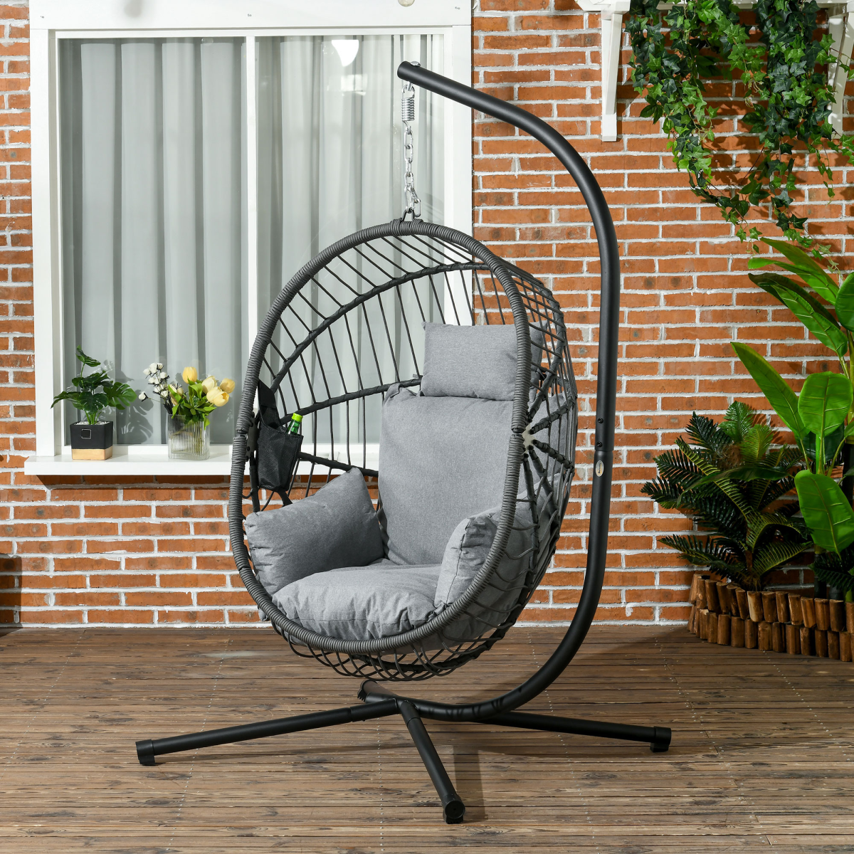 Hanging Swing Chair w/ Thick Cushion, Patio Hanging Chair, Grey