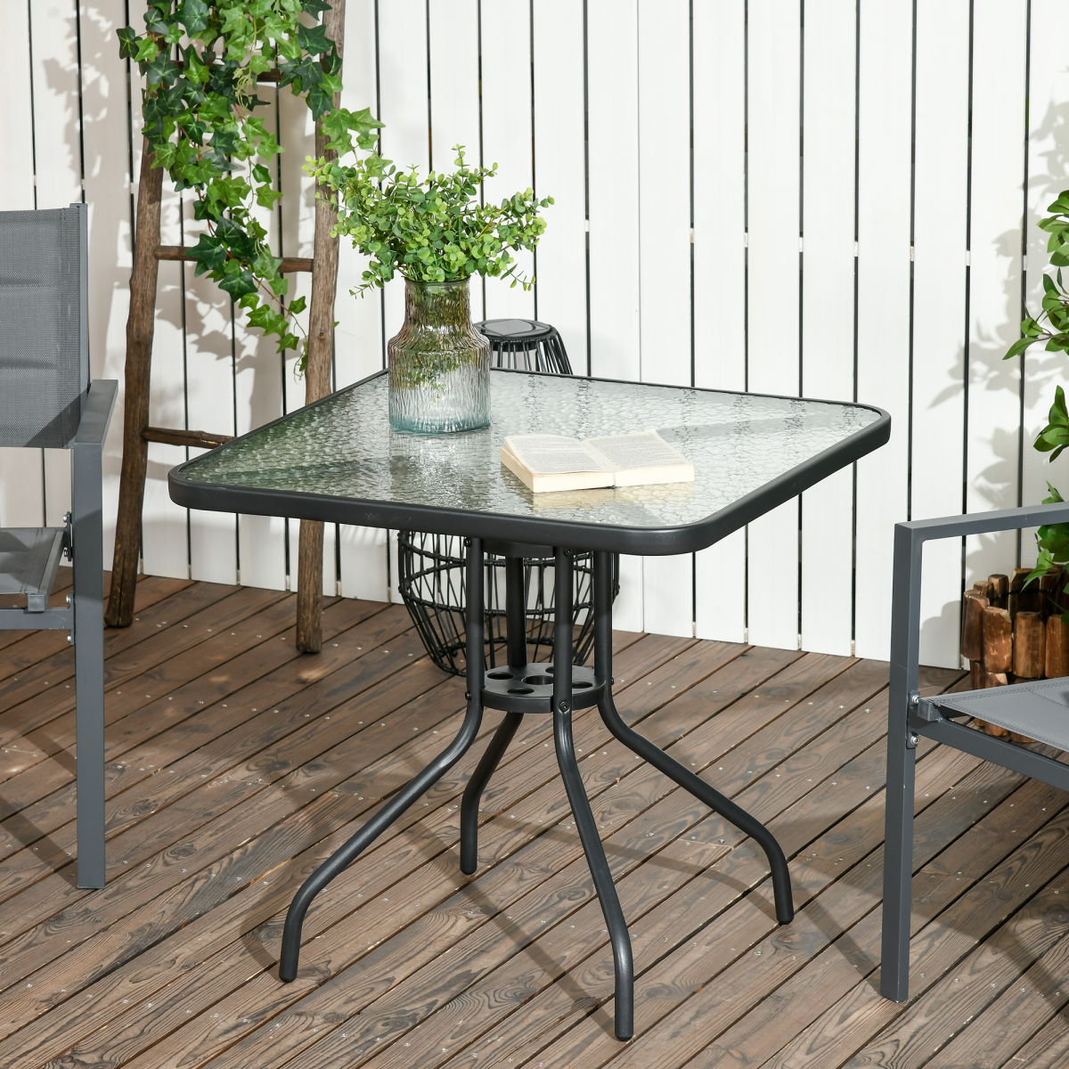 Square Patio Table, Tempered Glass Top Garden Dining Table 76 x 76cm