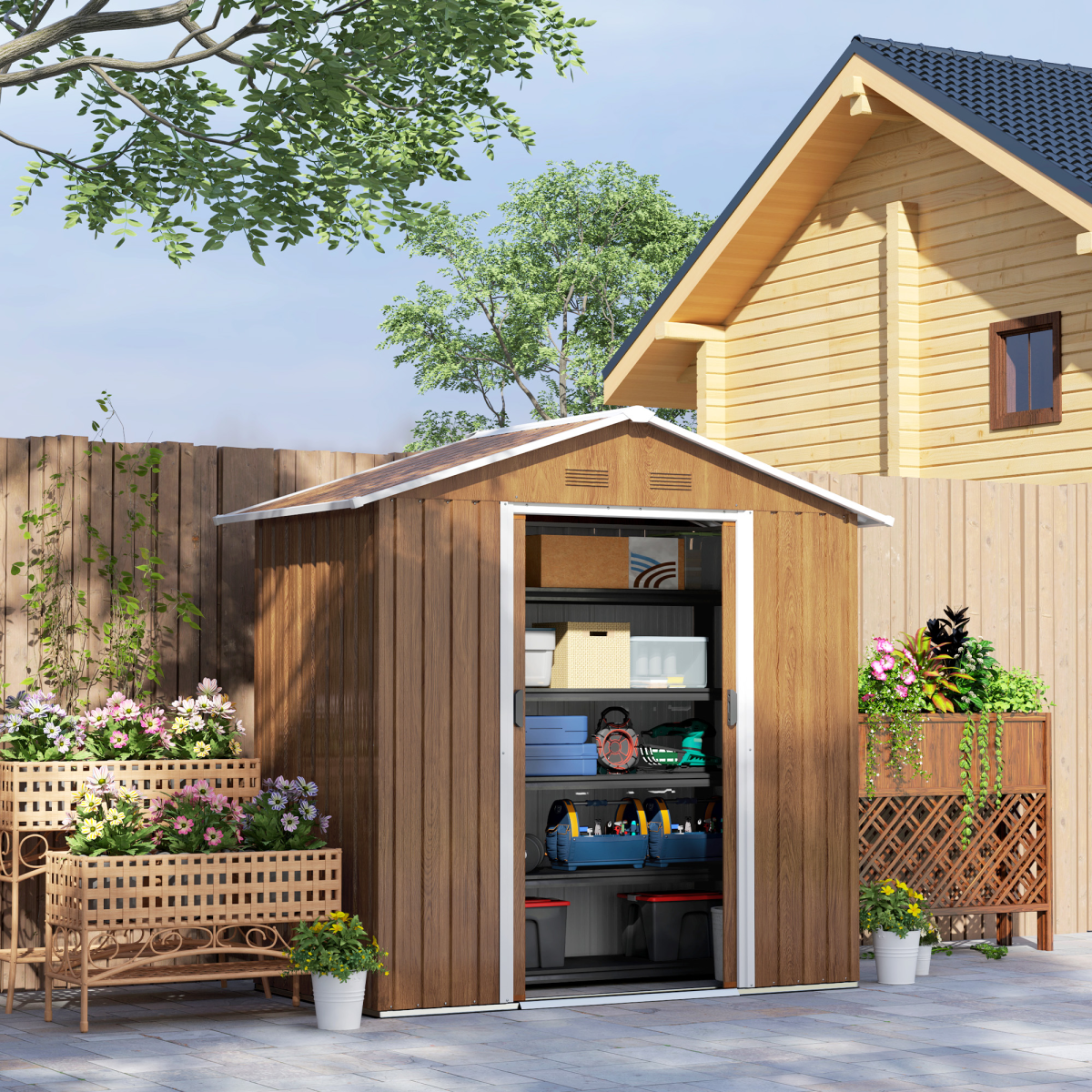 6.5x3.5ft Metal Garden Shed for Garden, Brown Wood Effect