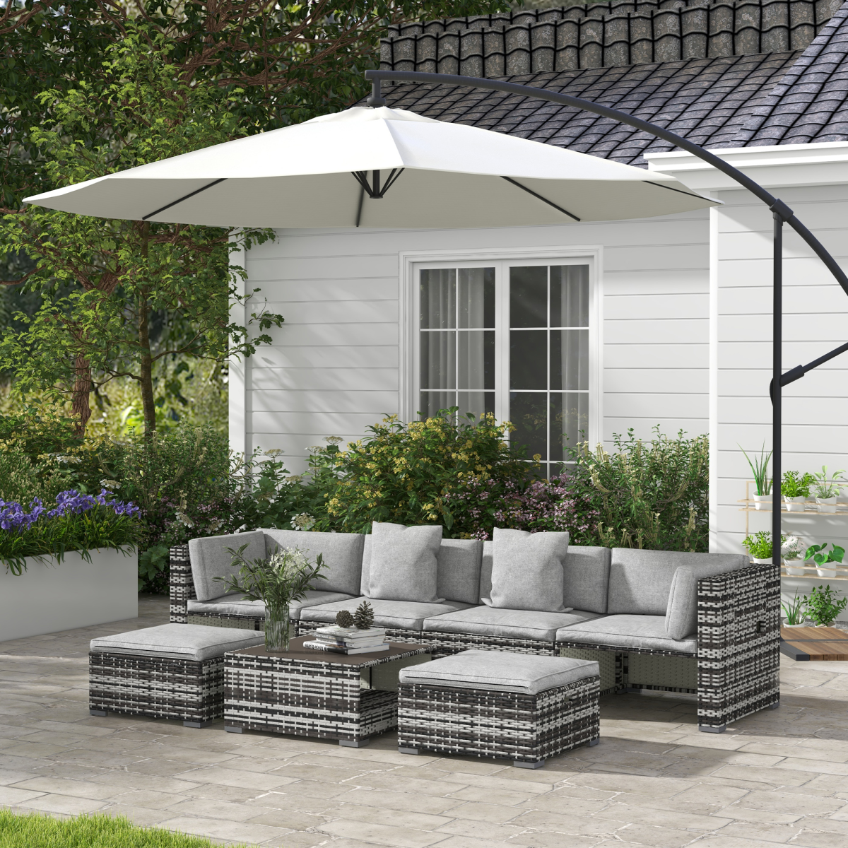 7 PCs Rattan Garden Furniture Set with Side Shelf, Stools, Table, Grey