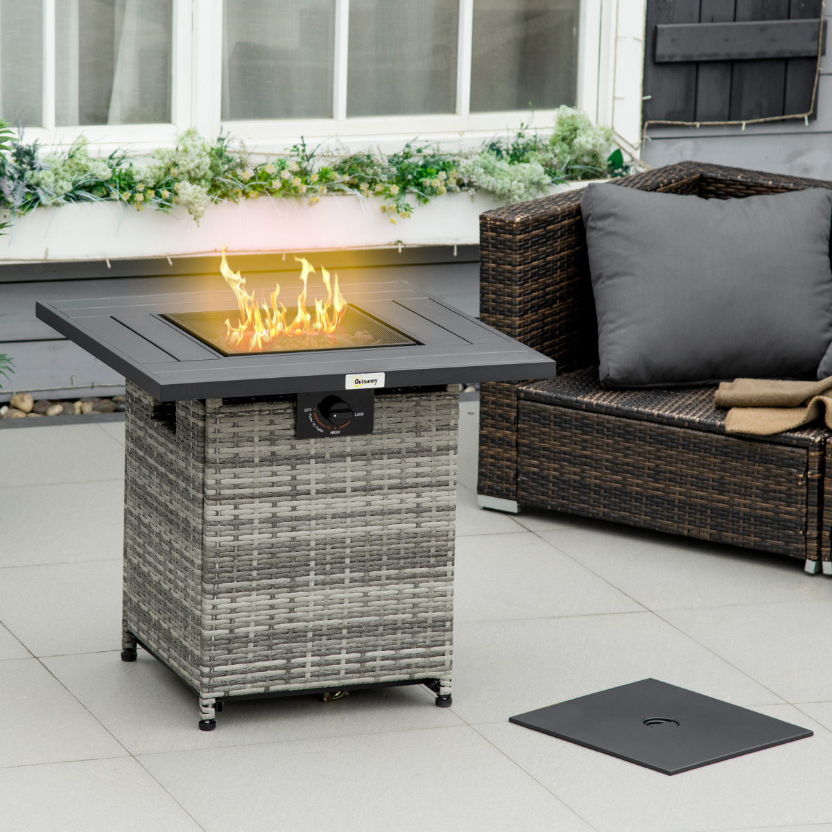 Gas Fire Pit Table w/ Rain Cover, Mesh Lid & Lava Stone, 40,000 BTU