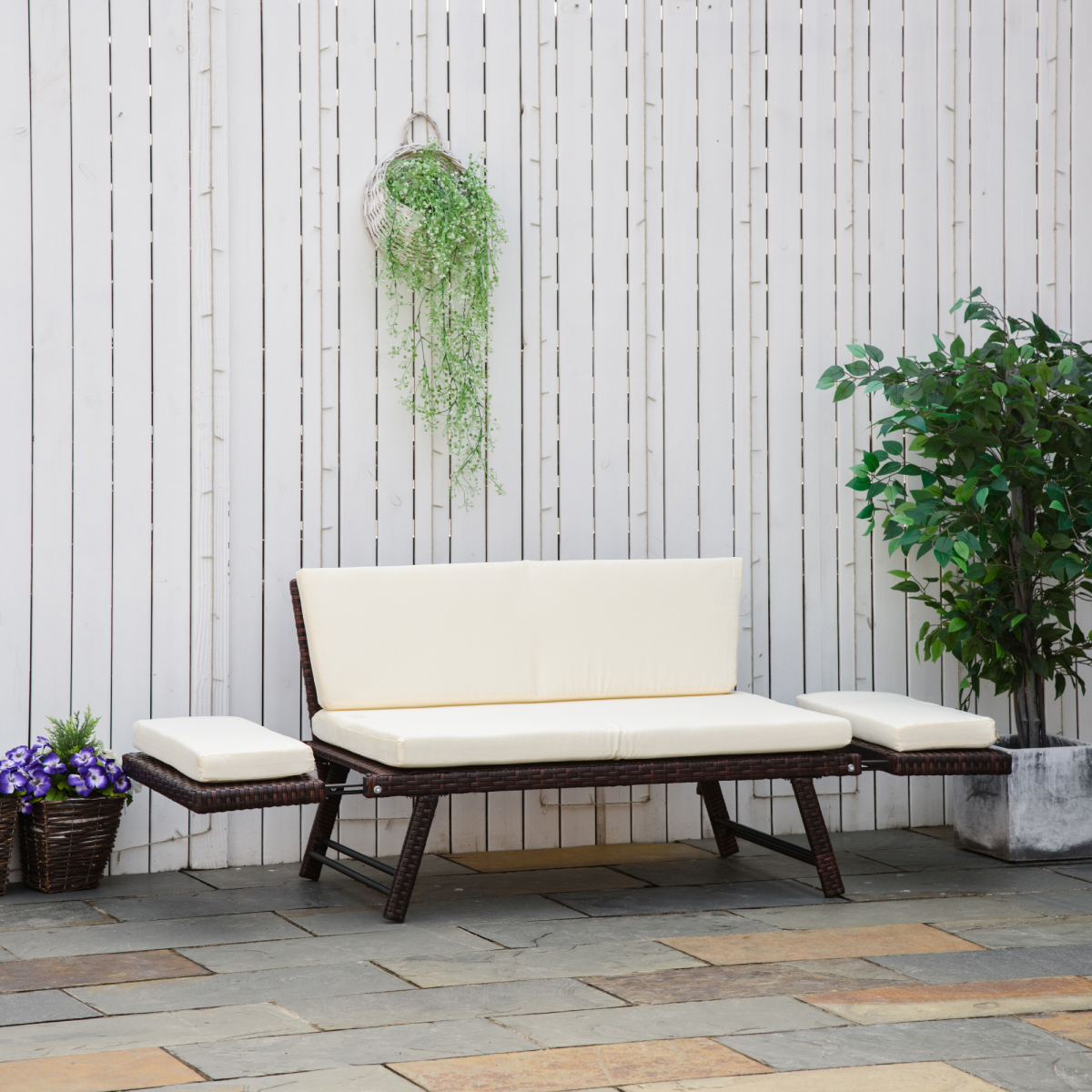 2-Seater 2-in-1 Rattan Convertible Sofa Daybed Brown