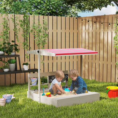 Kids Wooden Sandbox w/ Canopy, Kitchen Toys, Seat, Storage, for Outdoor